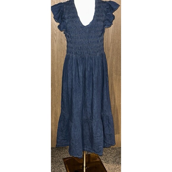 Women’s L 100% Cotton Denim Ruffle Sleeve Smocked Midi Dress with Washwell - Picture 5 of 9